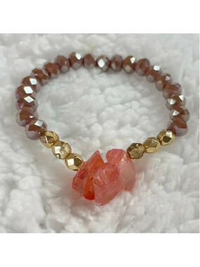 Handmade Beaded Stretch Bracelet, Beautiful Pink Stones, Gold and Mauve Beads